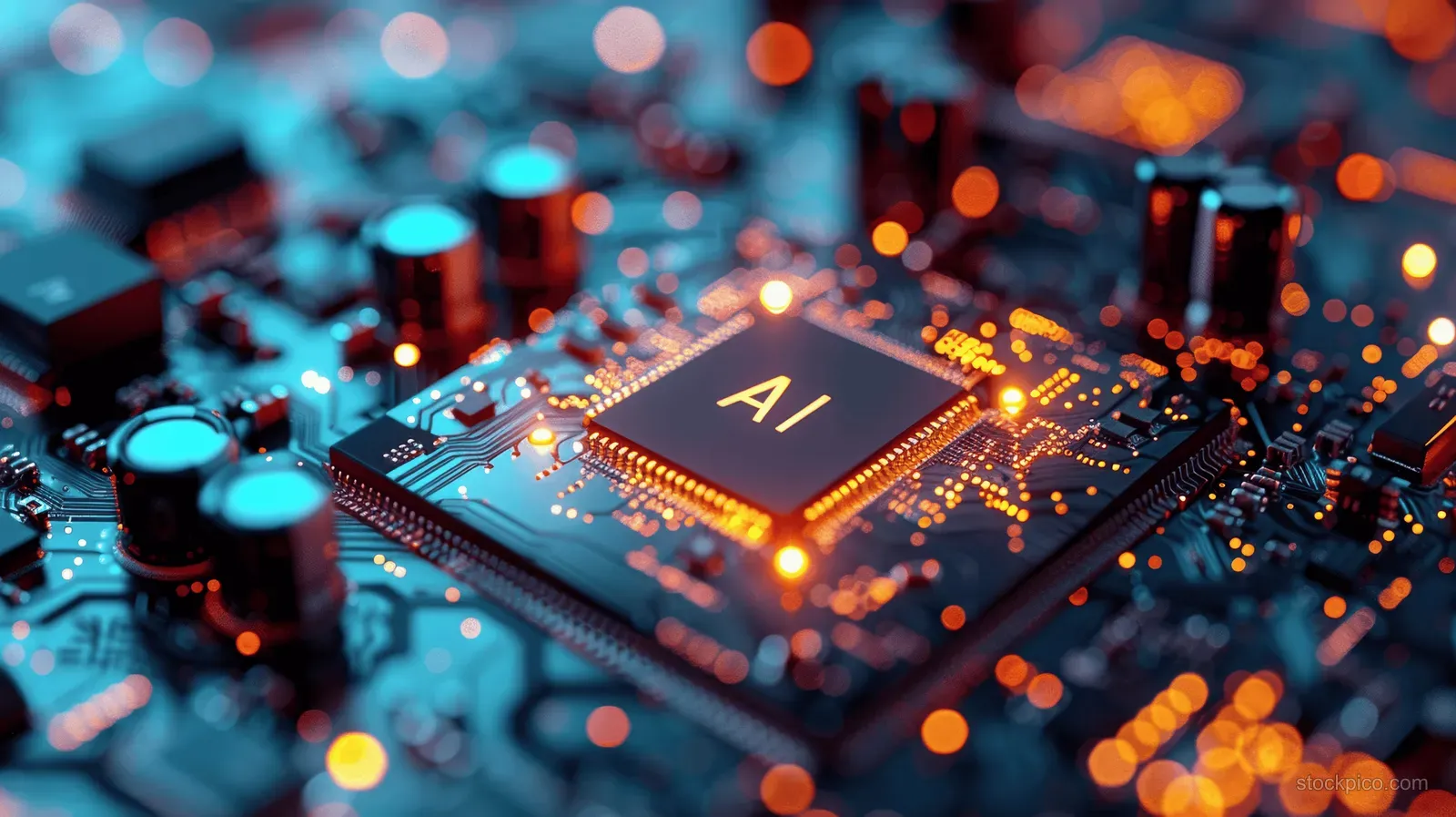 Macro photo of an AI microchip on a circuit board glowing with blue light and blurred bokeh dots.
