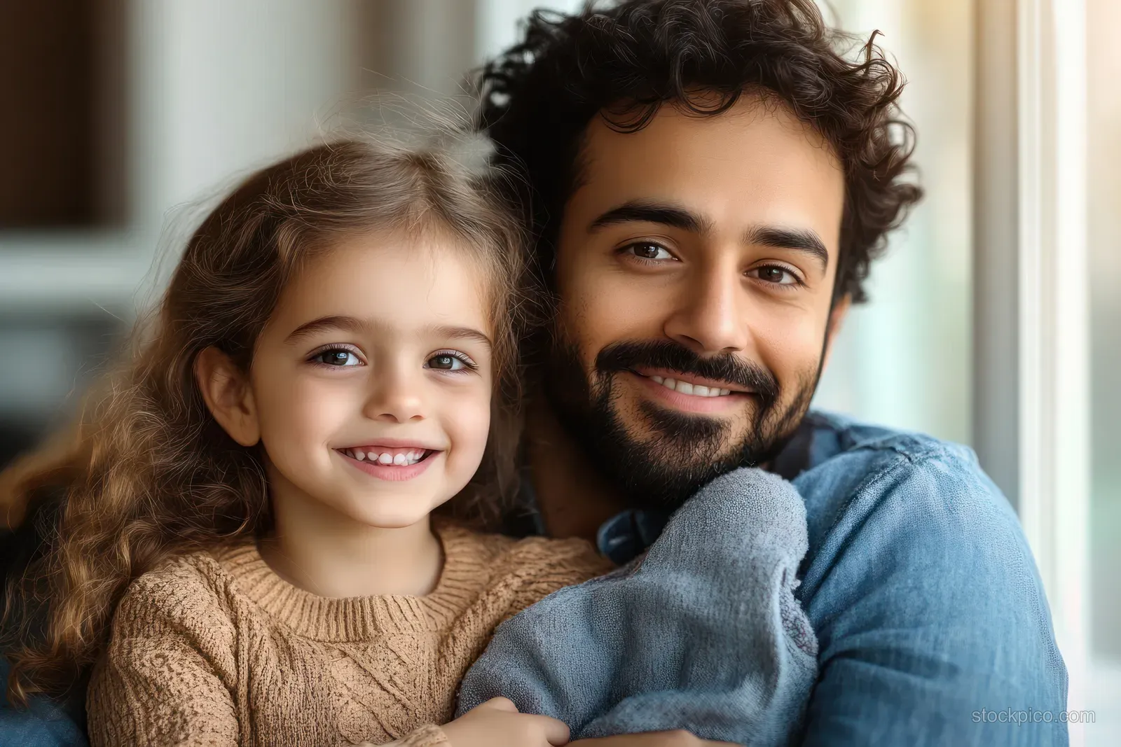 A young father holds his preschool daughter in a warm home portrait, both smiling softly.