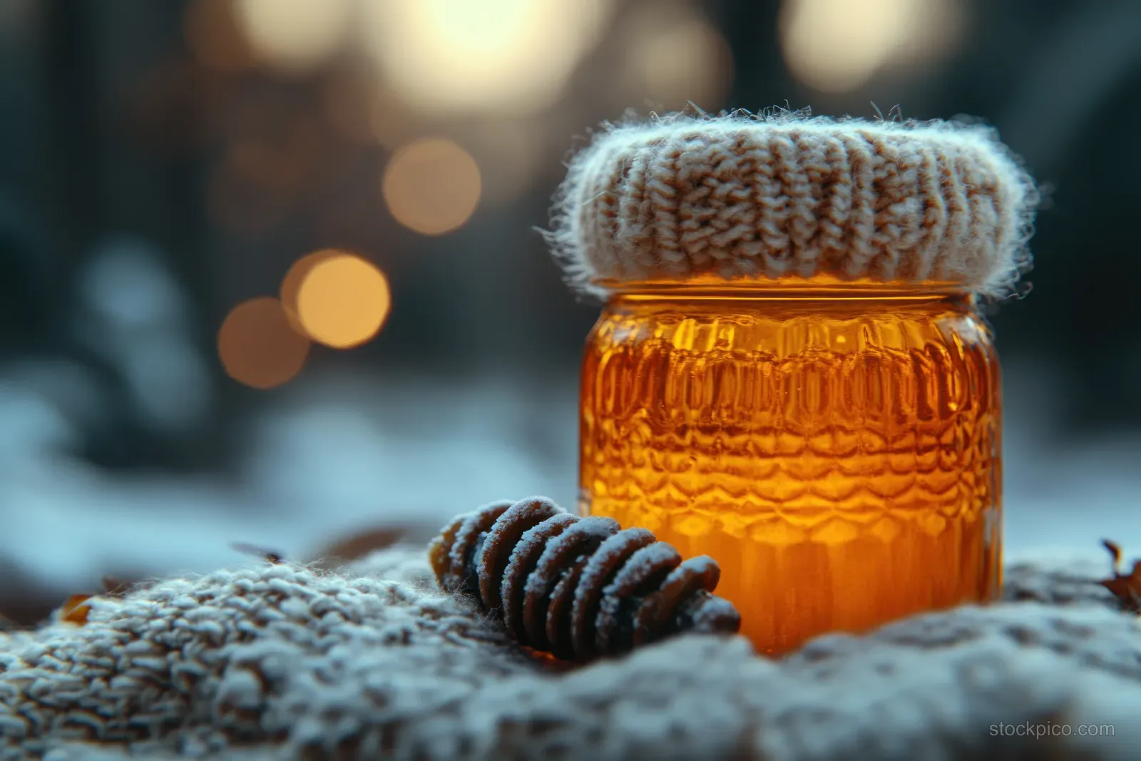 A glass jar of honey with a knitted cover sits on a frosty surface outdoors.