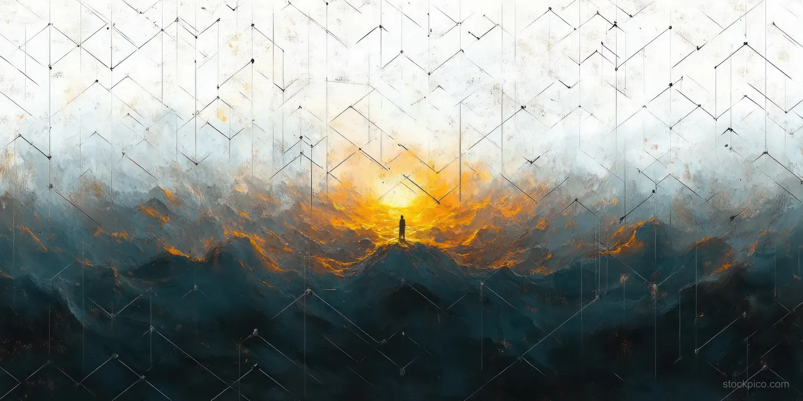 Silhouette stands atop a mountain peak with swirling dark clouds and a bright golden light glowing through the center.