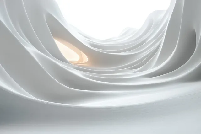 White wave-like surfaces curve across a minimal space with soft shadows and light.