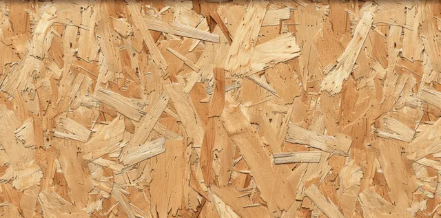 Light brown OSB wood panel texture with compressed strands and repeating tile pattern