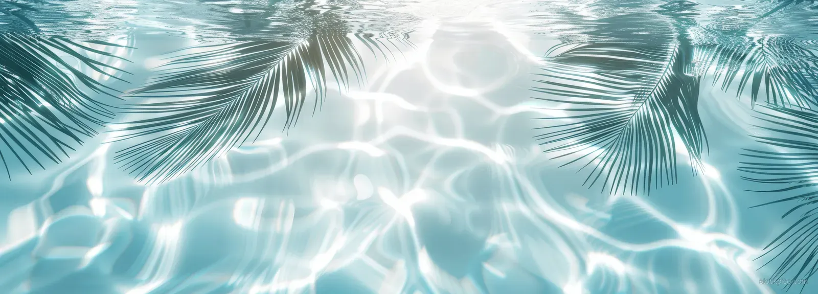 Palm frond shadows fall on sunlit blue water with visible ripples and wave reflections.