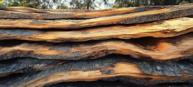 Close-up of stacked logs with textured bark and visible saw-cut wood grain under warm rustic lighting.