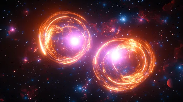 Two glowing cosmic orbs surrounded by fiery rings swirling across a starry nebula backdrop