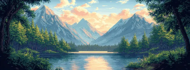 Pixel art golden hour lake scene with evergreen trees, layered mountains, soft clouds, and mirror-like reflections.