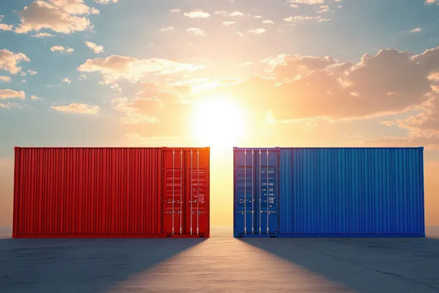 Red and blue shipping containers on concrete at sunrise, long shadows stretching outward