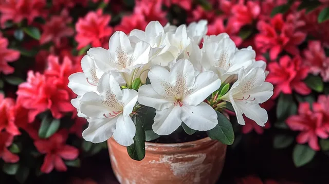 White azalea blooms in a terracotta pot with a blurred backdrop of vibrant pink azalea flowers.