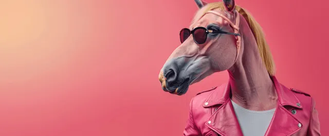 Anthropomorphic horse wearing pink leather jacket and black sunglasses on pastel backdrop with Pastel Color Backgrounds
