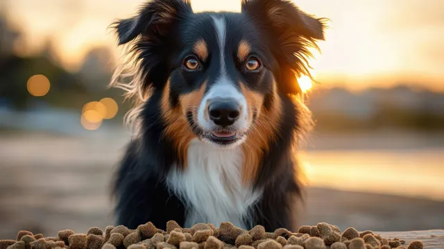 Tri-color dog close-up staring at dry kibble with warm sunset glow and a blurred outdoor background.
