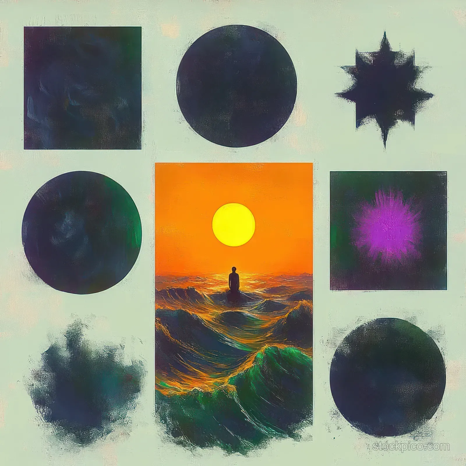 Silhouette seated on choppy waves beneath a bright yellow sun surrounded by dark abstract nebula shapes.