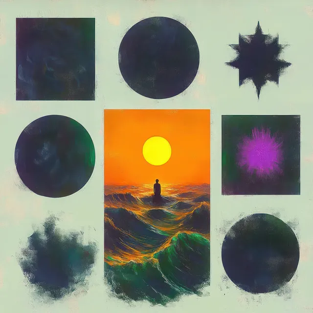 Silhouette seated on choppy waves beneath a bright yellow sun surrounded by dark abstract nebula shapes.