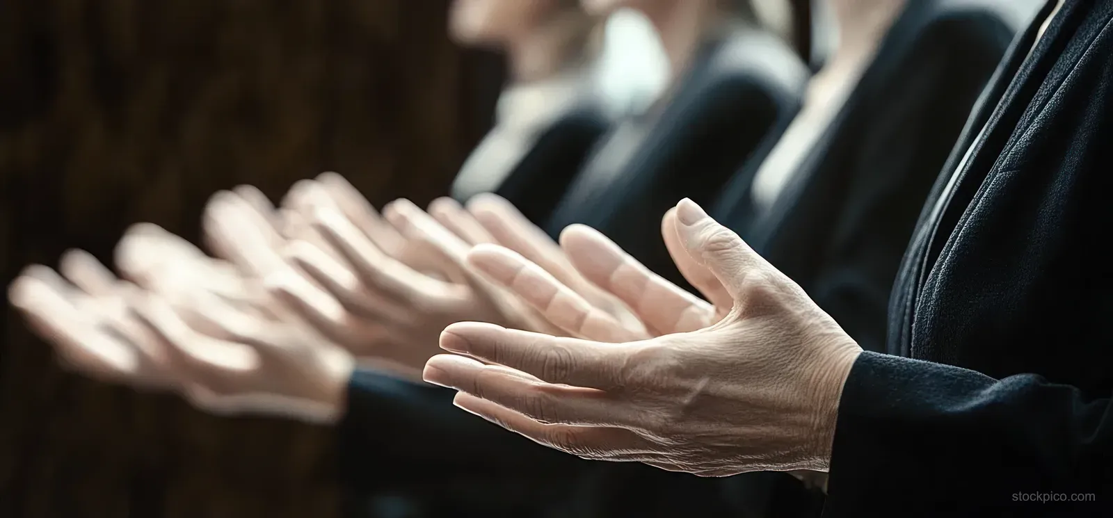 Hands of people in dark clothing clapping in a straight row at an event.