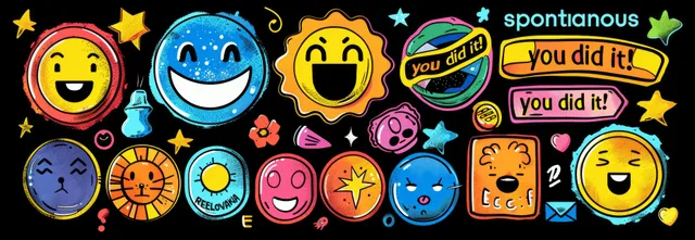 Groovy retro sticker set with smiling emojis, patches, and handwritten sayings on black