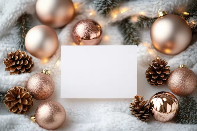 Blank white Christmas card framed by rose gold baubles, pine cones, and warm string lights on knitted fabric.
