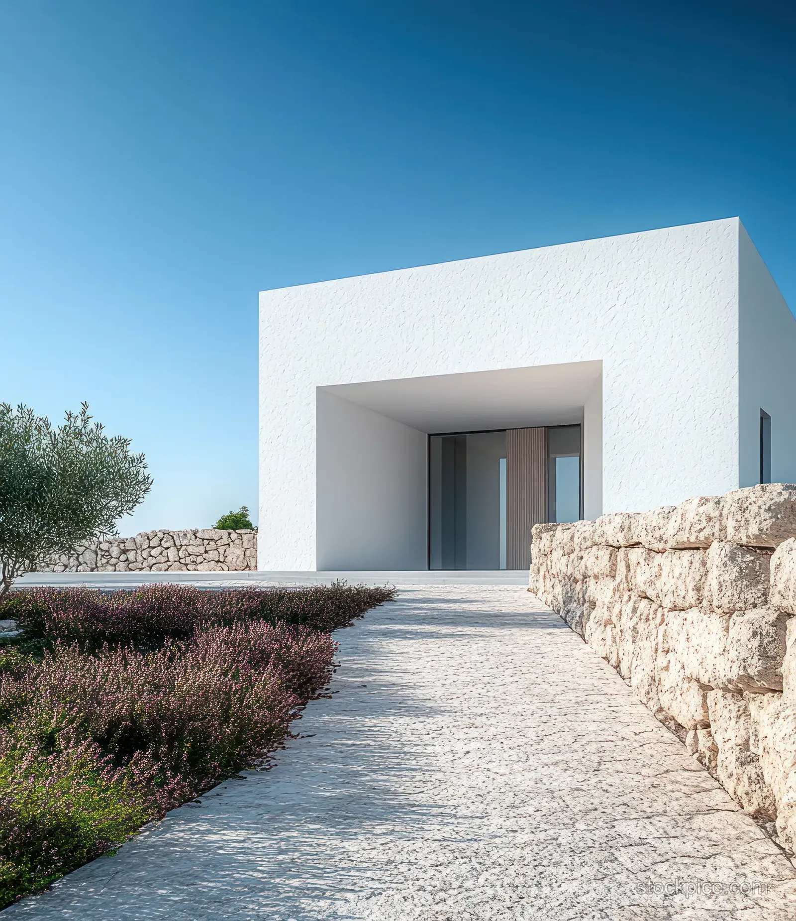 White cubic house entrance with a stone walkway, lavender bushes, and a textured stone wall beneath a clear blue sky.
