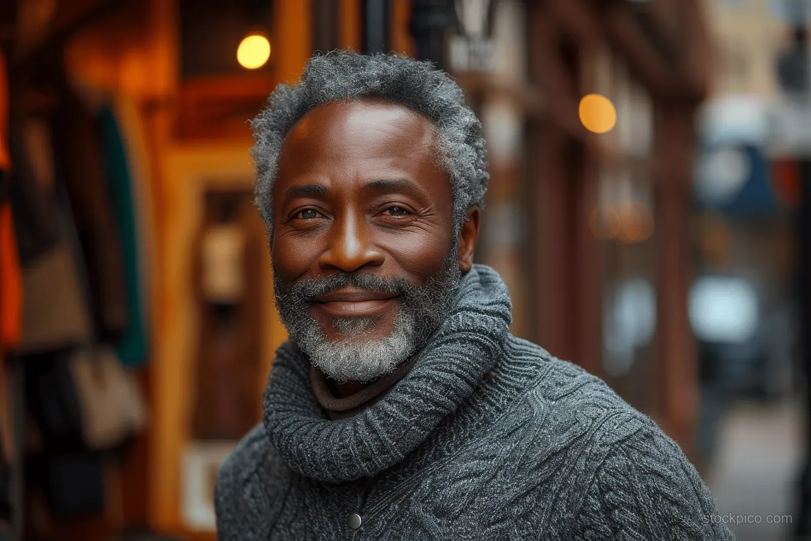 Smiling senior African American man in a grey sweater standing on a city street.