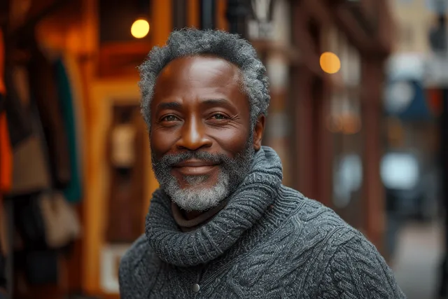 Smiling senior African American man in a grey sweater standing on a city street.