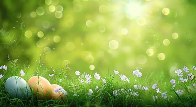 Two pastel eggs lying in green grass with small pink flowers under bright sunlight and blurred bokeh.