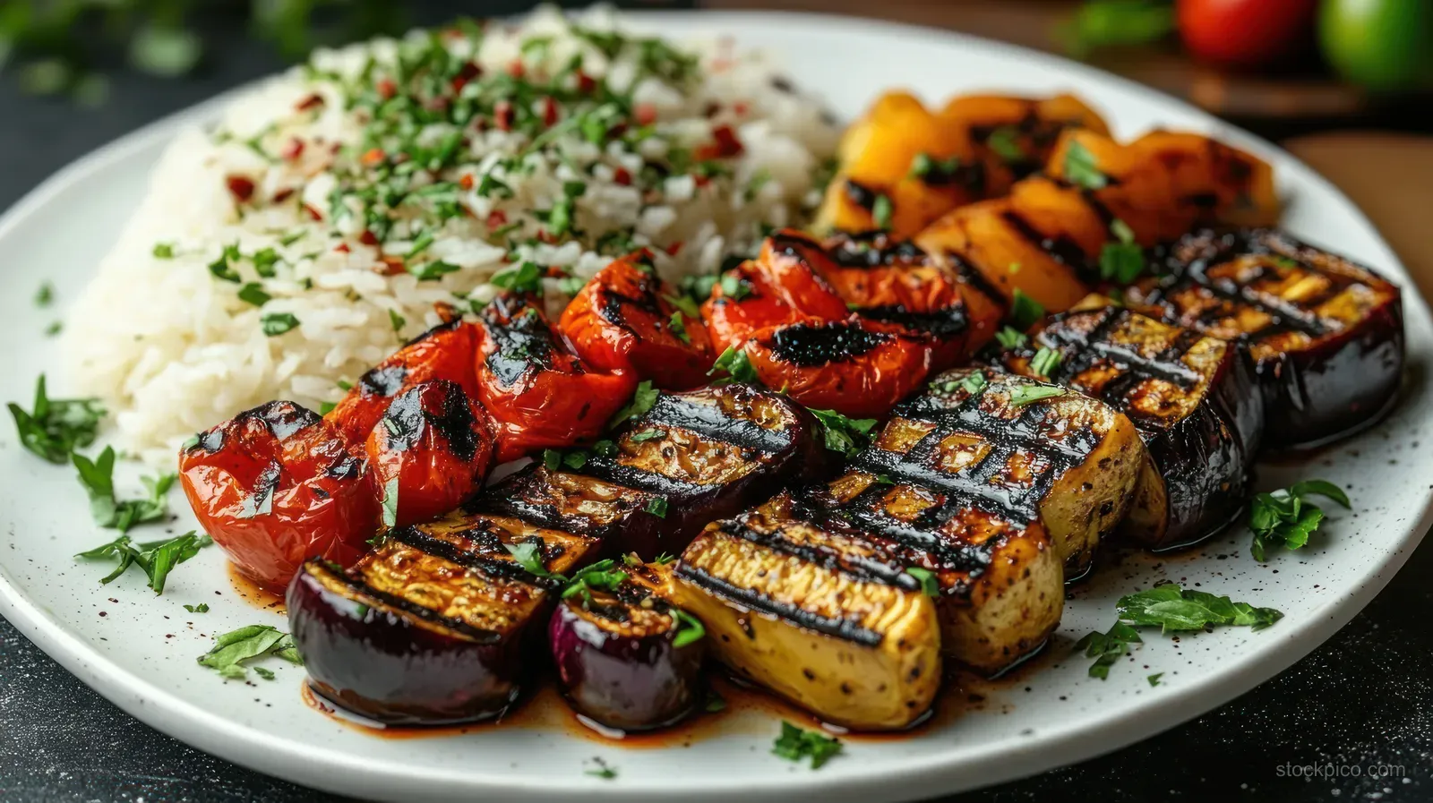 Grilled eggplant and zucchini with cherry tomatoes and white rice on a white plate garnished with chopped herbs.