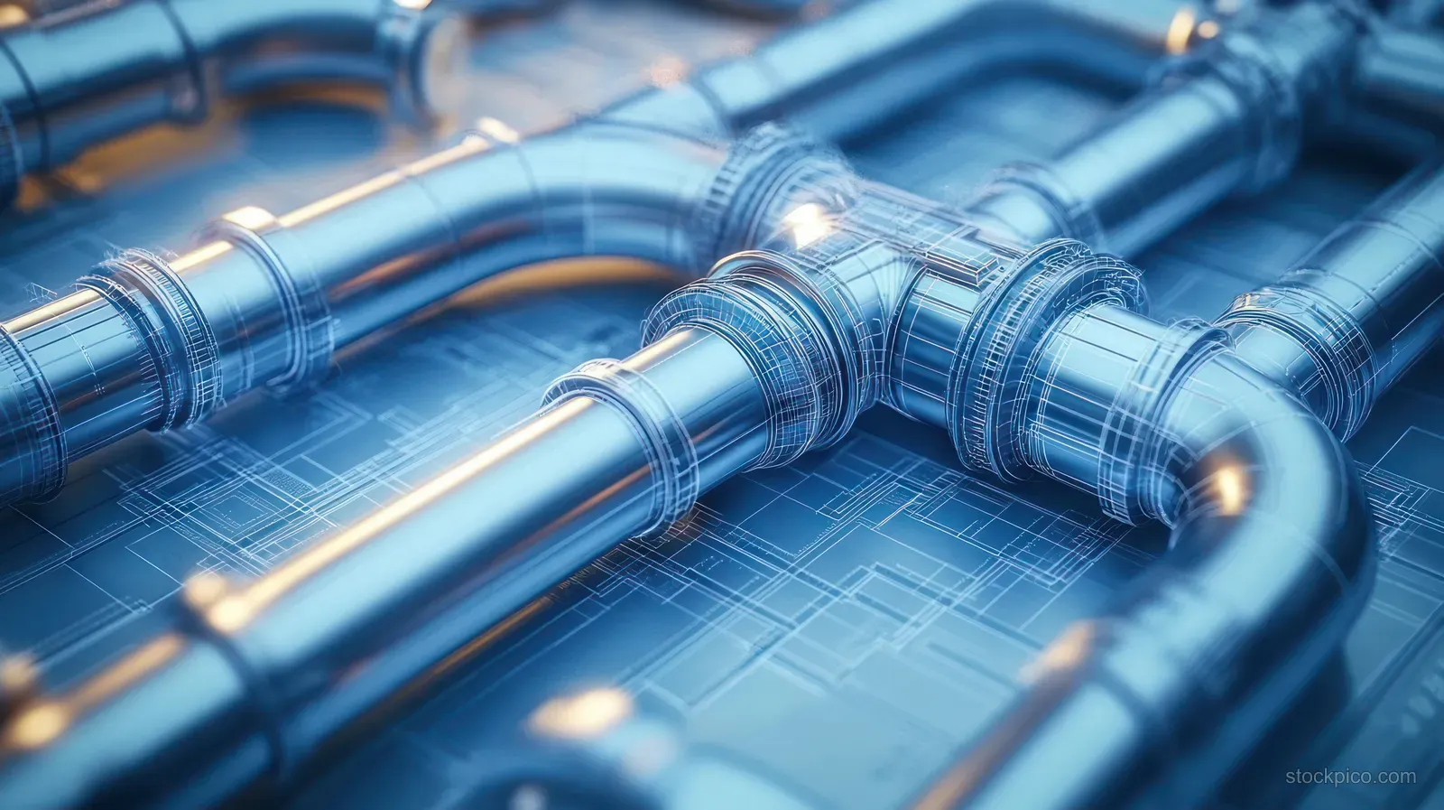 Blue CAD-style ventilation blueprint displays metallic pipes with fittings and connected duct lines.