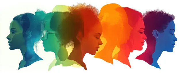 Overlapping colorful silhouette head profiles of diverse colleagues symbolize unity and collaboration.
