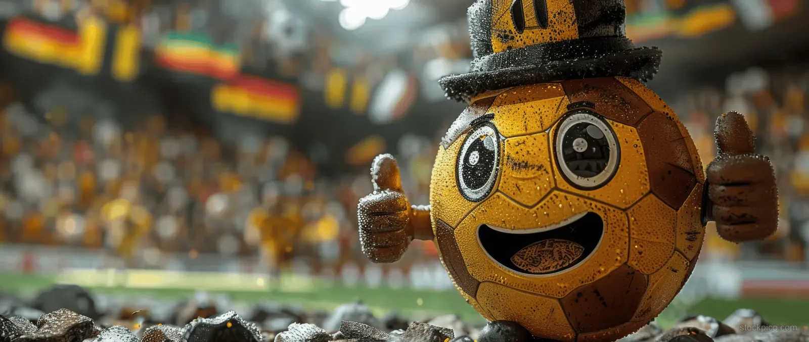 A soccer ball mascot in a German flag cape and top hat gives a thumbs-up on stadium turf.