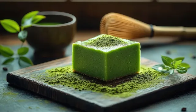 Square matcha cake dusted with green powder on a wooden board with tea utensils and fresh leaves.