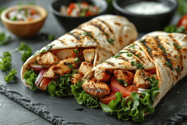 Grilled chicken wrap with lettuce and tomato, toasted tortilla on dark slate with Street Style Wraps