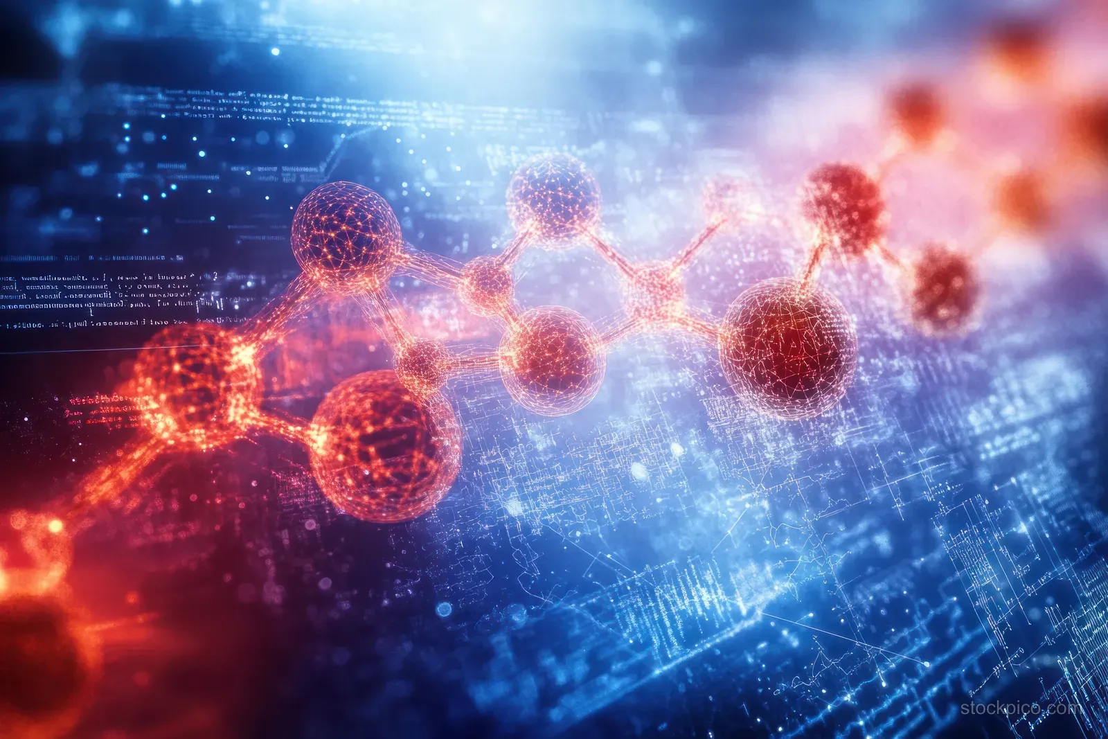 Glowing molecular spheres and connecting bonds drift across a blue digital network with red energy bursts.
