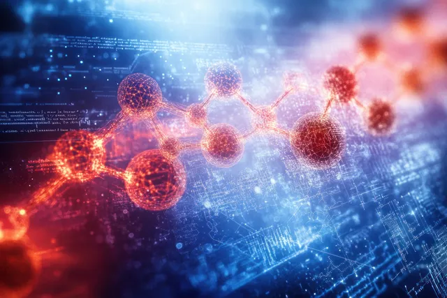 Glowing molecular spheres and connecting bonds drift across a blue digital network with red energy bursts.