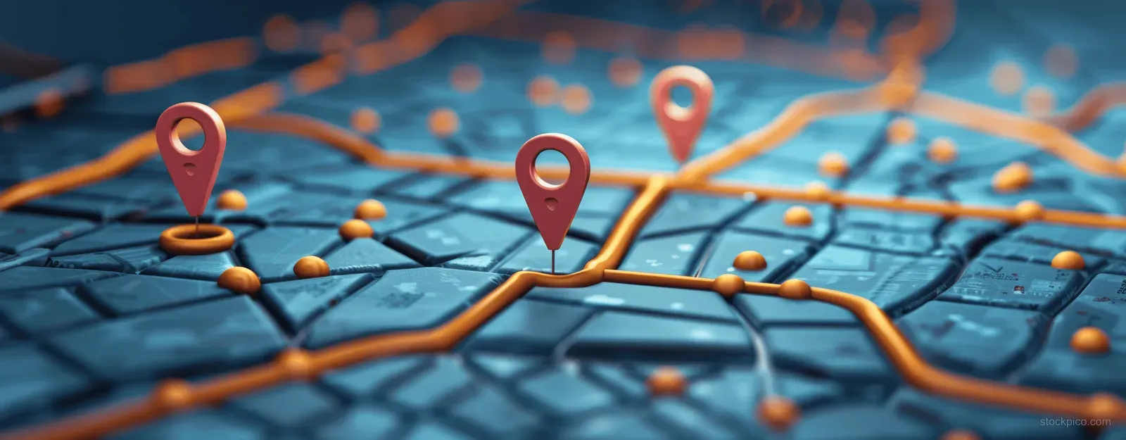 Smartphone display shows GPS route lines and red location pins over a digital city map.