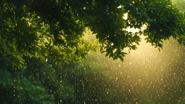 Sunlit oak canopy in lush summer rain, glowing through misty droplets and green leaves