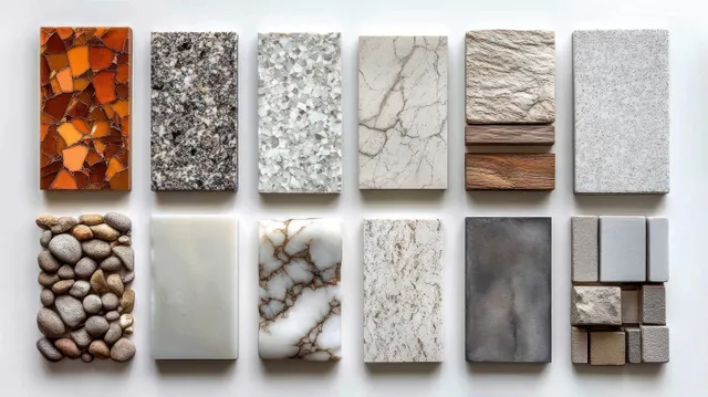 Rectangular stone and tile samples arranged in a grid on a white background showing different textures and colors.