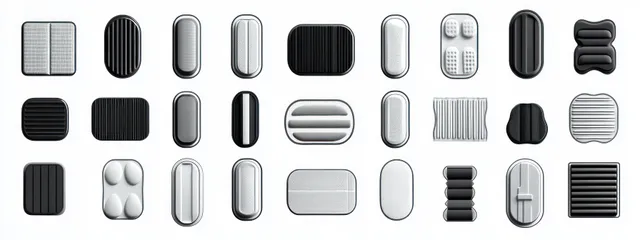 Monochrome abstract device-like shapes in rows with textured panels on a clean white background