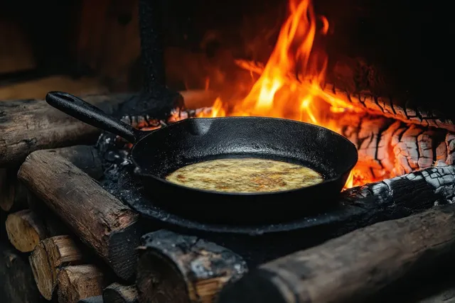 Cast iron skillet frying over roaring fire with flickering flames in rustic hearth