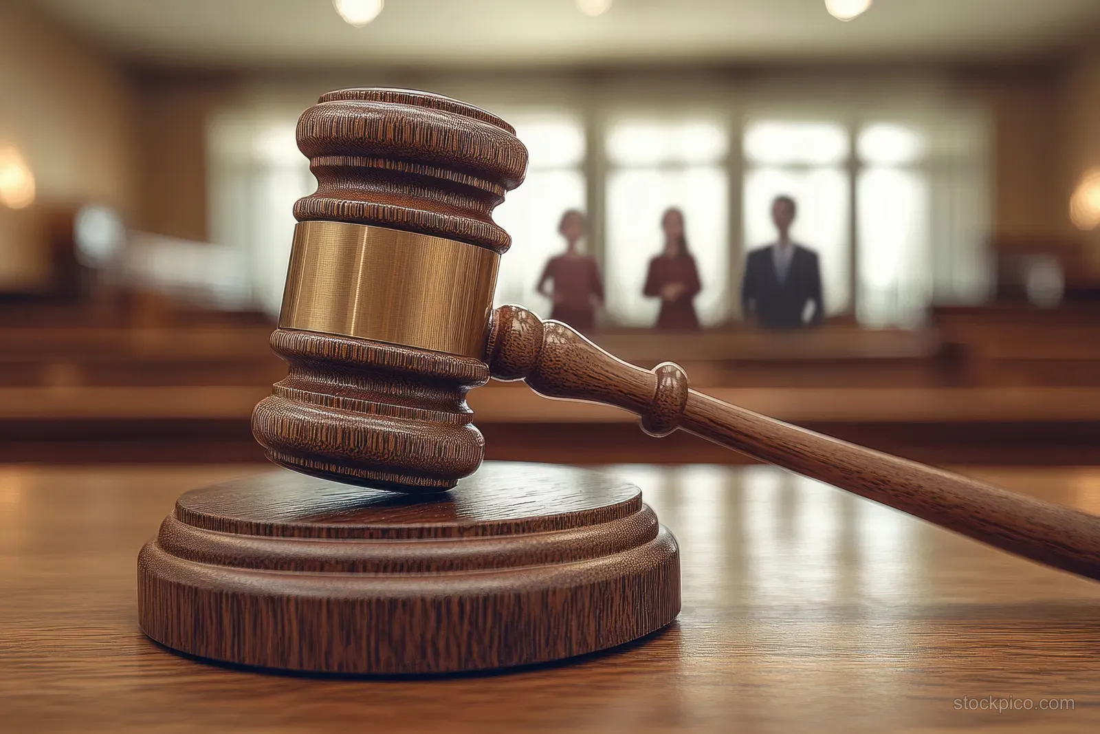 Close-up gavel on a courtroom bench with a blurred child in the background representing custody case proceedings.
