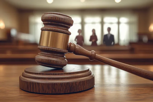 Close-up gavel on a courtroom bench with a blurred child in the background representing custody case proceedings.