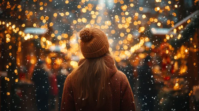 A woman in a knit hat walks through falling snow under warm Christmas market lights.
