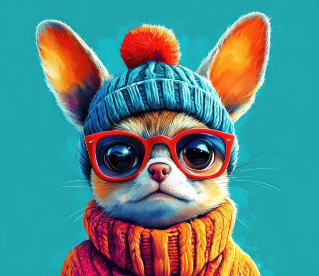 Cartoon dog with oversized ears wearing a colorful knit hat with a pom-pom on a turquoise background.