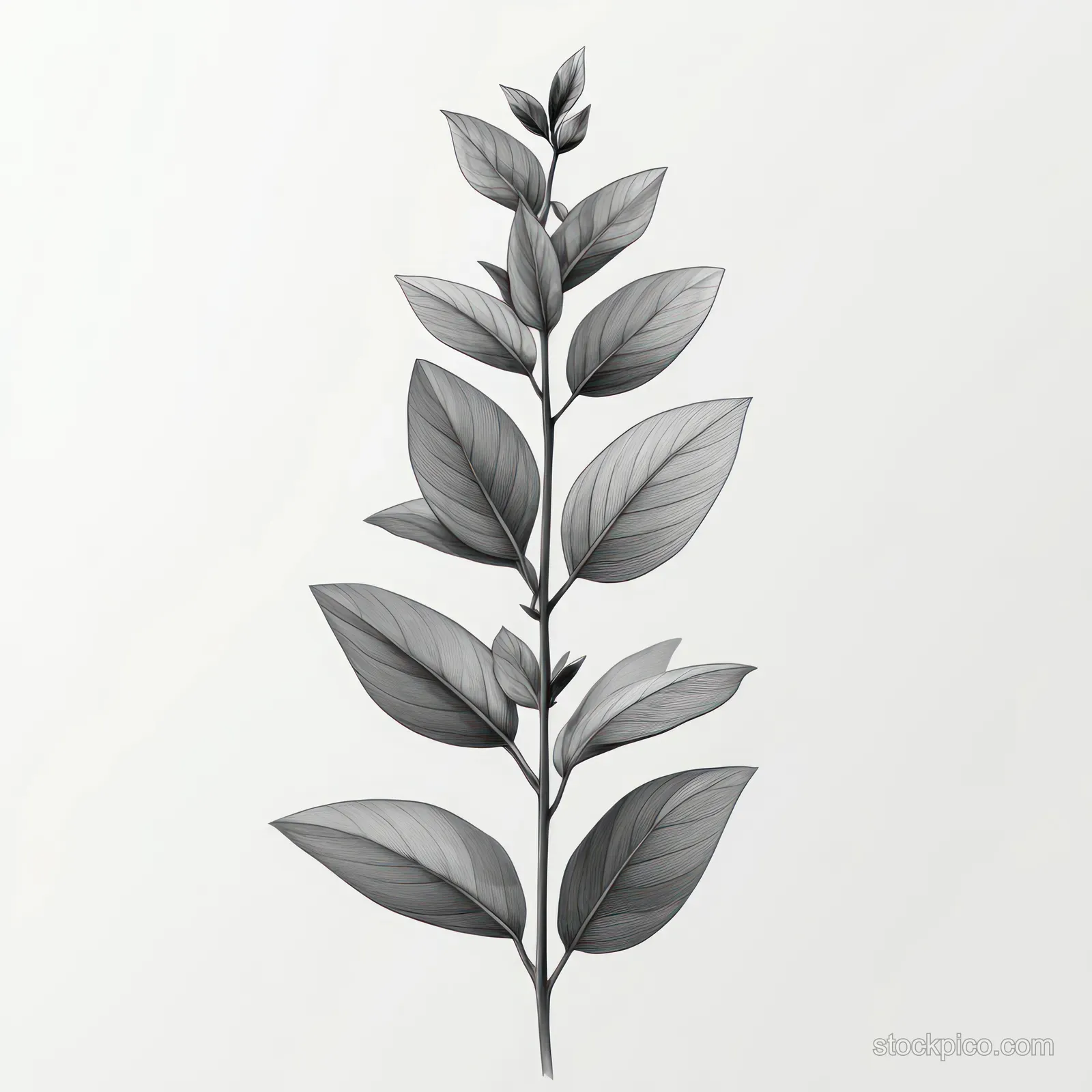 Minimalist black and white ficus branch with layered leaves drawn in clean linework on a light background.