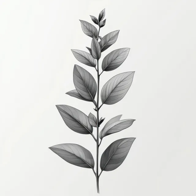 Minimalist black and white ficus branch with layered leaves drawn in clean linework on a light background.