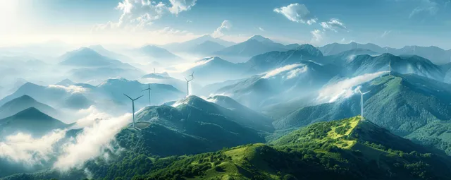 Wind turbines generating clean power across misty mountain ridges