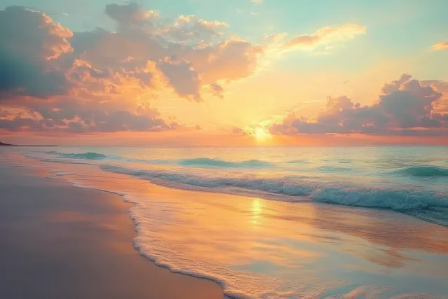 Golden sunset over calm tropical beach with gentle waves and glowing horizon line