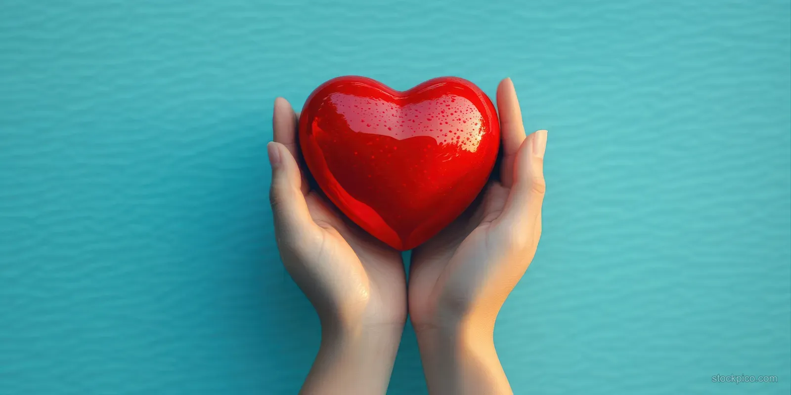 Two hands hold a red heart centered on a flat blue background.