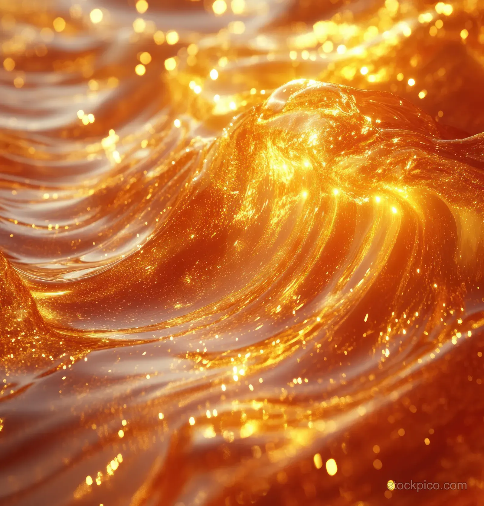 Golden liquid energy swirl flows in ribbon-like curves with glowing highlights and small sparkling droplets on transparent background.