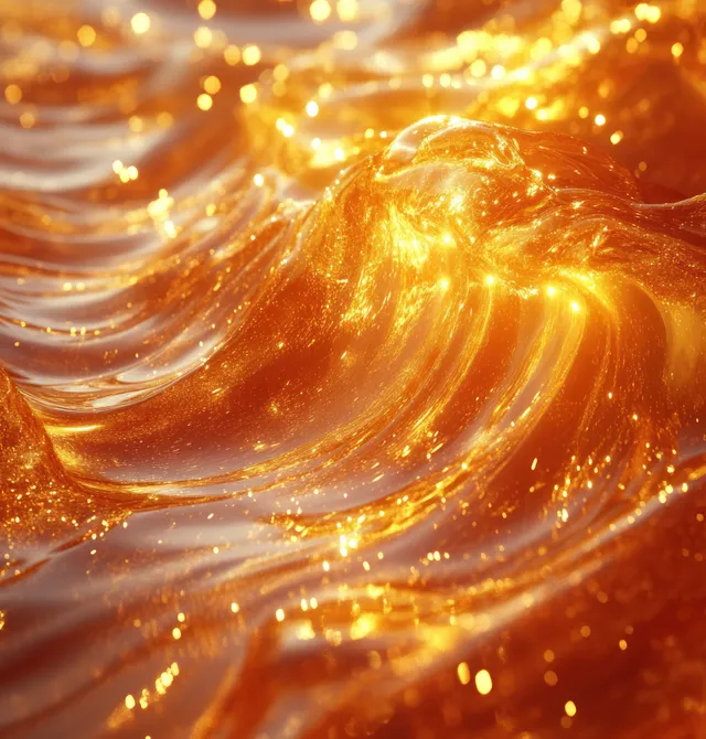 Golden liquid energy swirl with glowing highlights and sparkling droplets on clear background