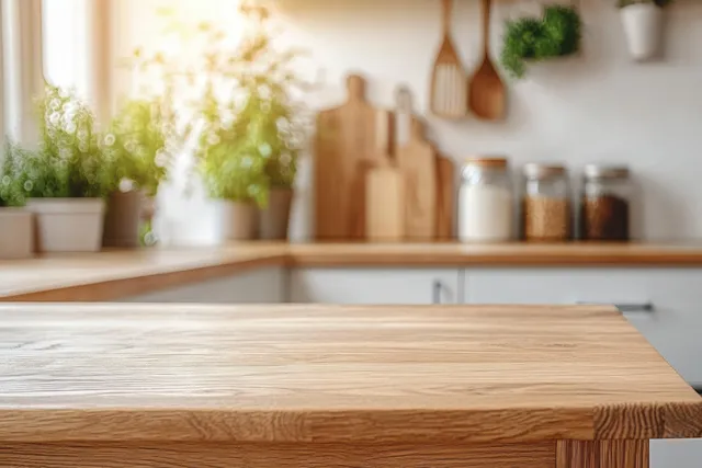 Minimalist Scandinavian kitchen counter with wooden grain and sunlit shelves