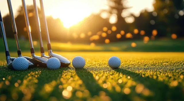 Golf clubs and balls standing on sunlit grass with golden bokeh trees behind