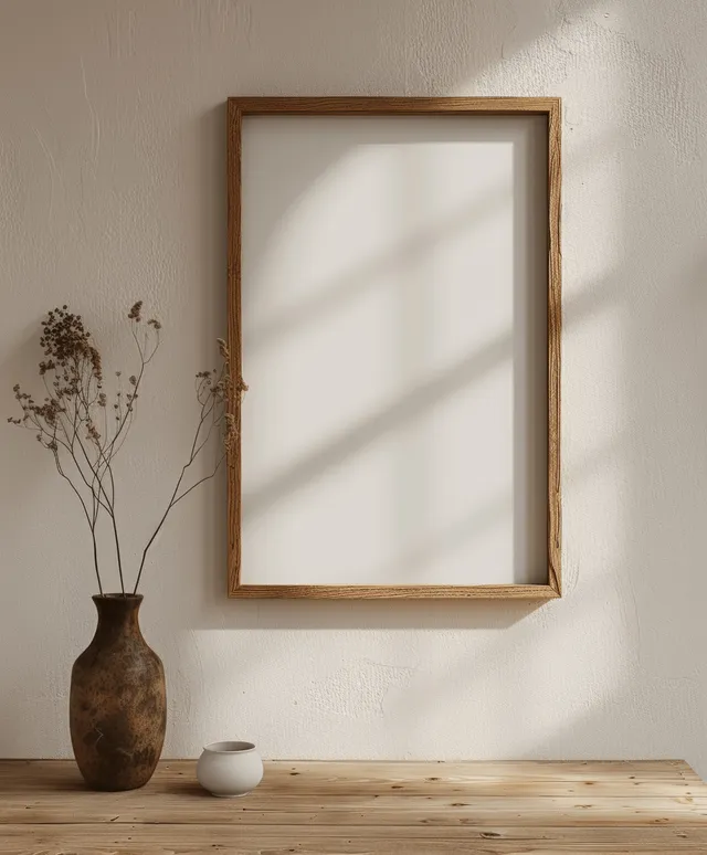 Minimalist vertical wooden frame on a beige wall above a shelf with a small vase and soft sunlit shadows.